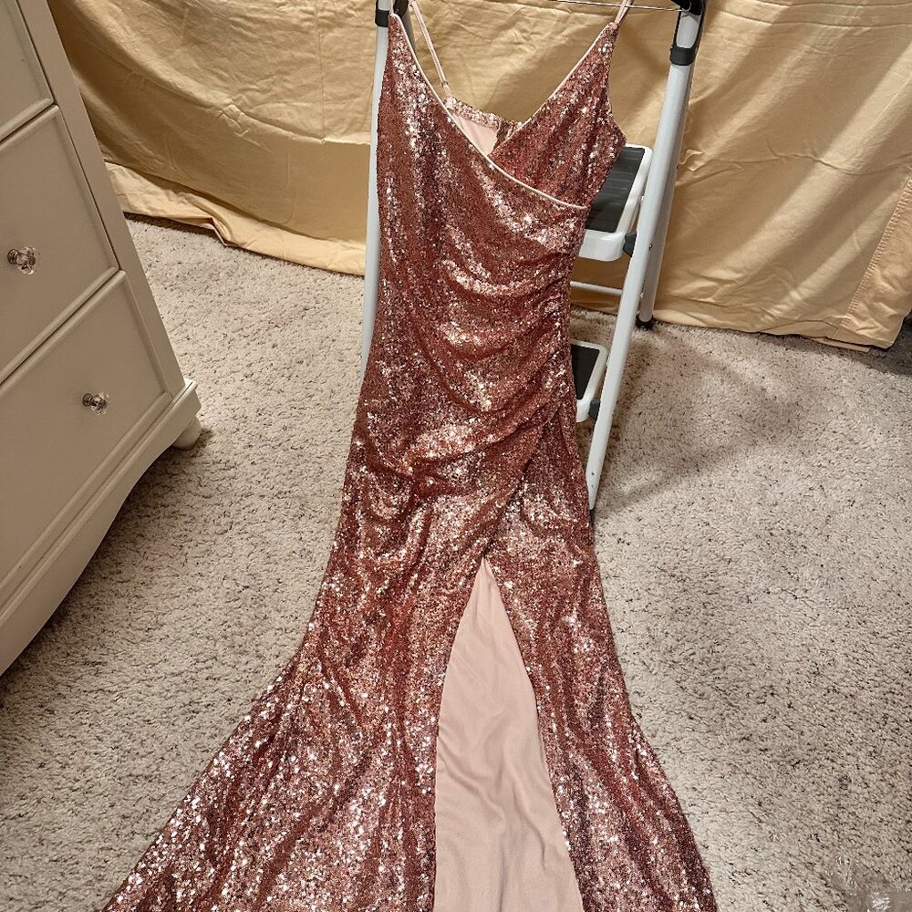 Rose Gold Sparkle Long Dress with open leg on the left and wrapped in front